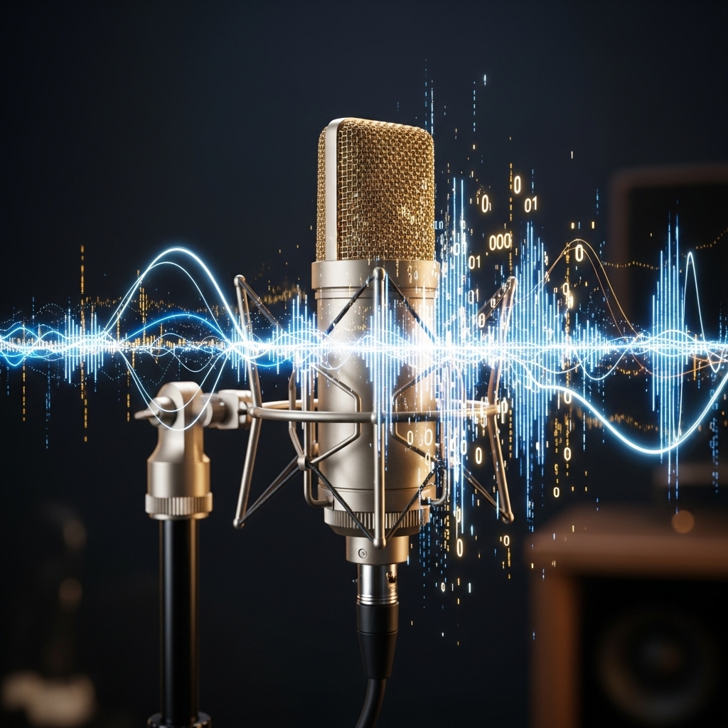 "ميكروفون استوديو ذهبي محاط بموجات صوتية هولوغرافية وبيانات رقمية، يرمز لخدمات الصوت المعززة بالذكاء الاصطناعي من Jelly-Co."