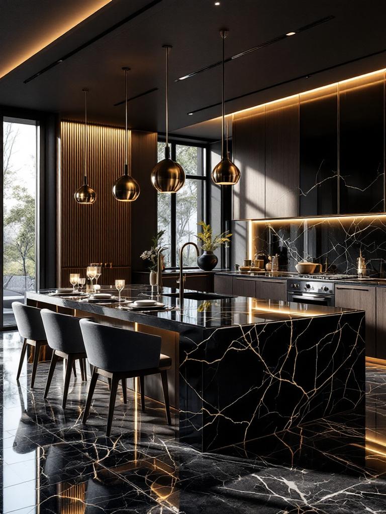 "تصميم داخلي واقعي لمطبخ مفتوح فاخر يتميز بجزيرة من الرخام الأسود وسفرة، يوضح دقة الخامات والإضاءة الدرامية من Jelly-Co."