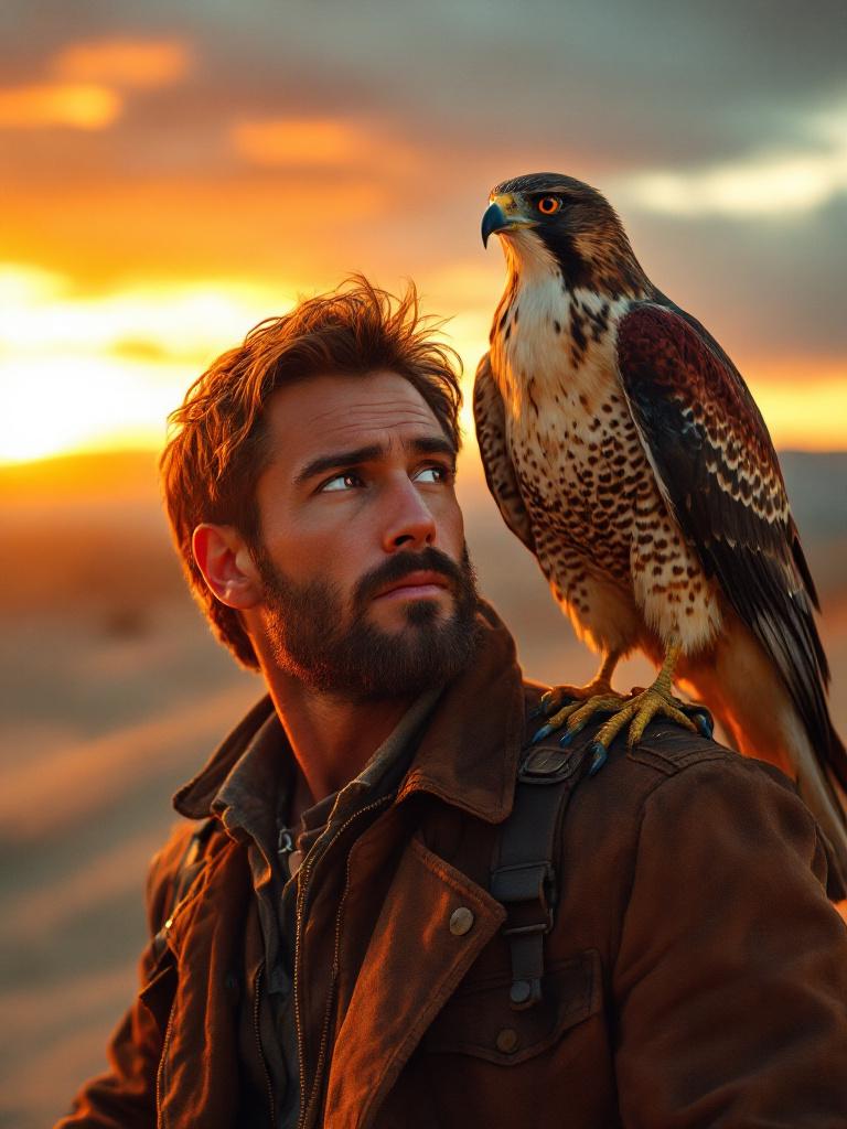 "لقطة سينمائية واقعية لموديل رجل في الصحراء وقت الغروب وعلى كتفه صقر، توضح دقة الذكاء الاصطناعي في إنشاء الشخصيات والتفاصيل الطبيعية للإعلانات."